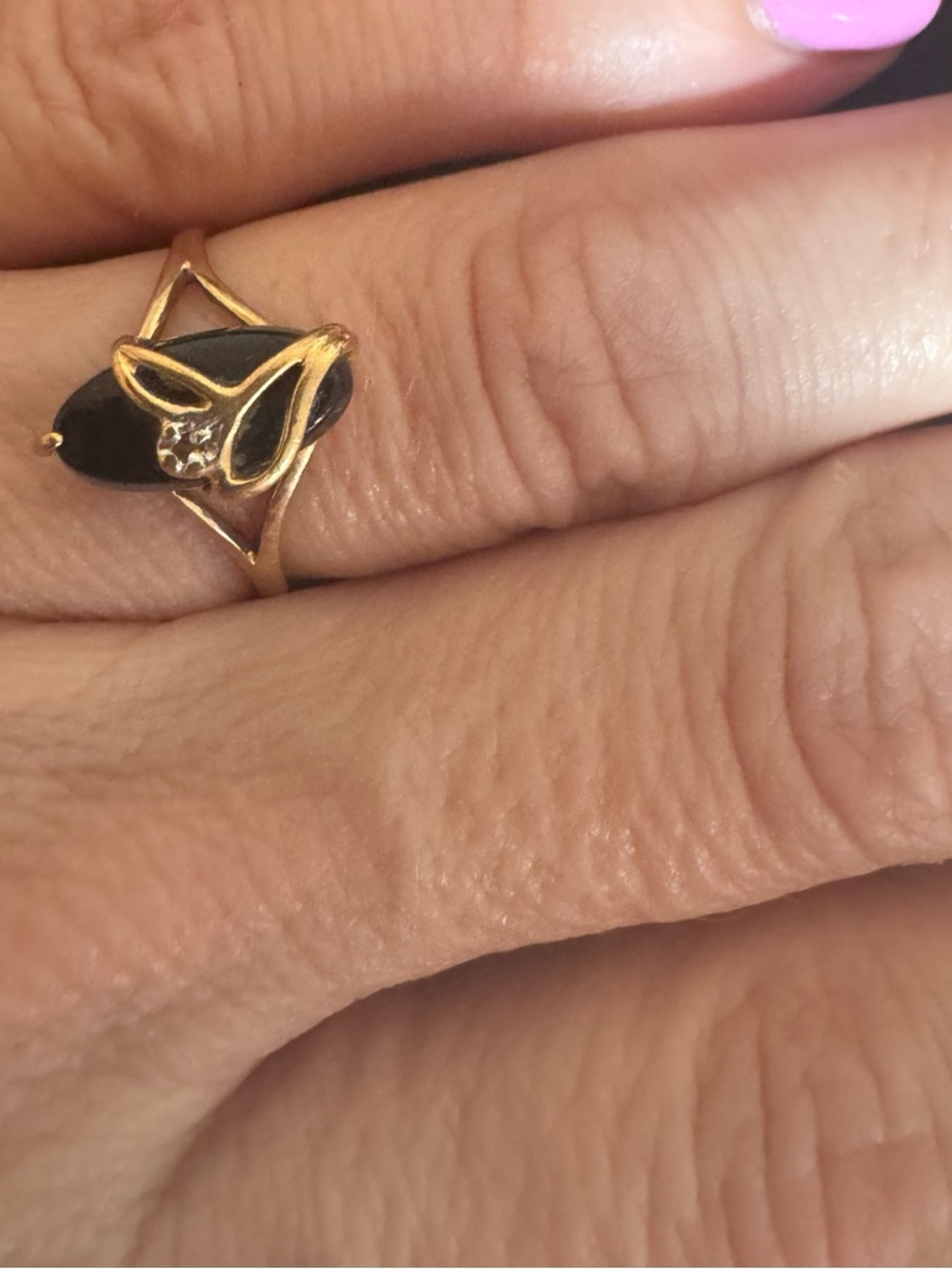 Vintage 10k Yellow Gold Oval Black Onyx Diamond Art Deco Ring